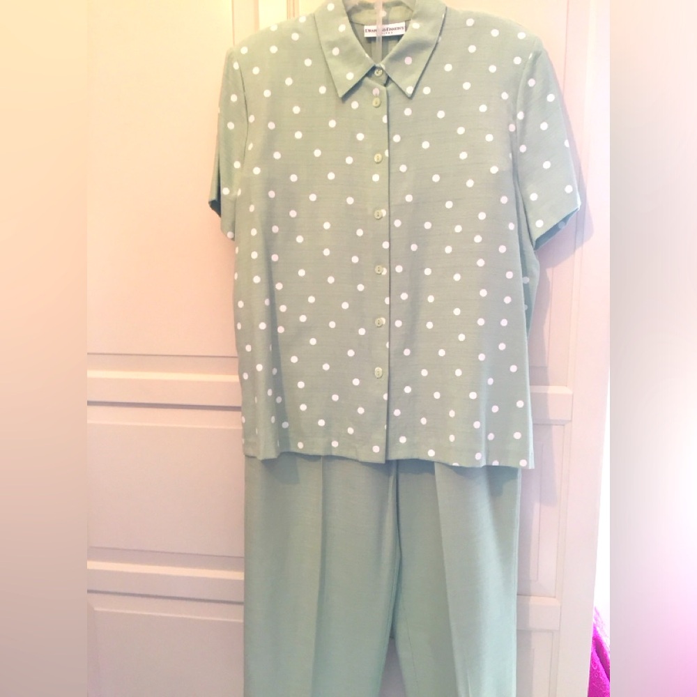 🍀Draper’s & Damon’s petite XL spring Easter 2 piece set shirt pants polka dot 💚